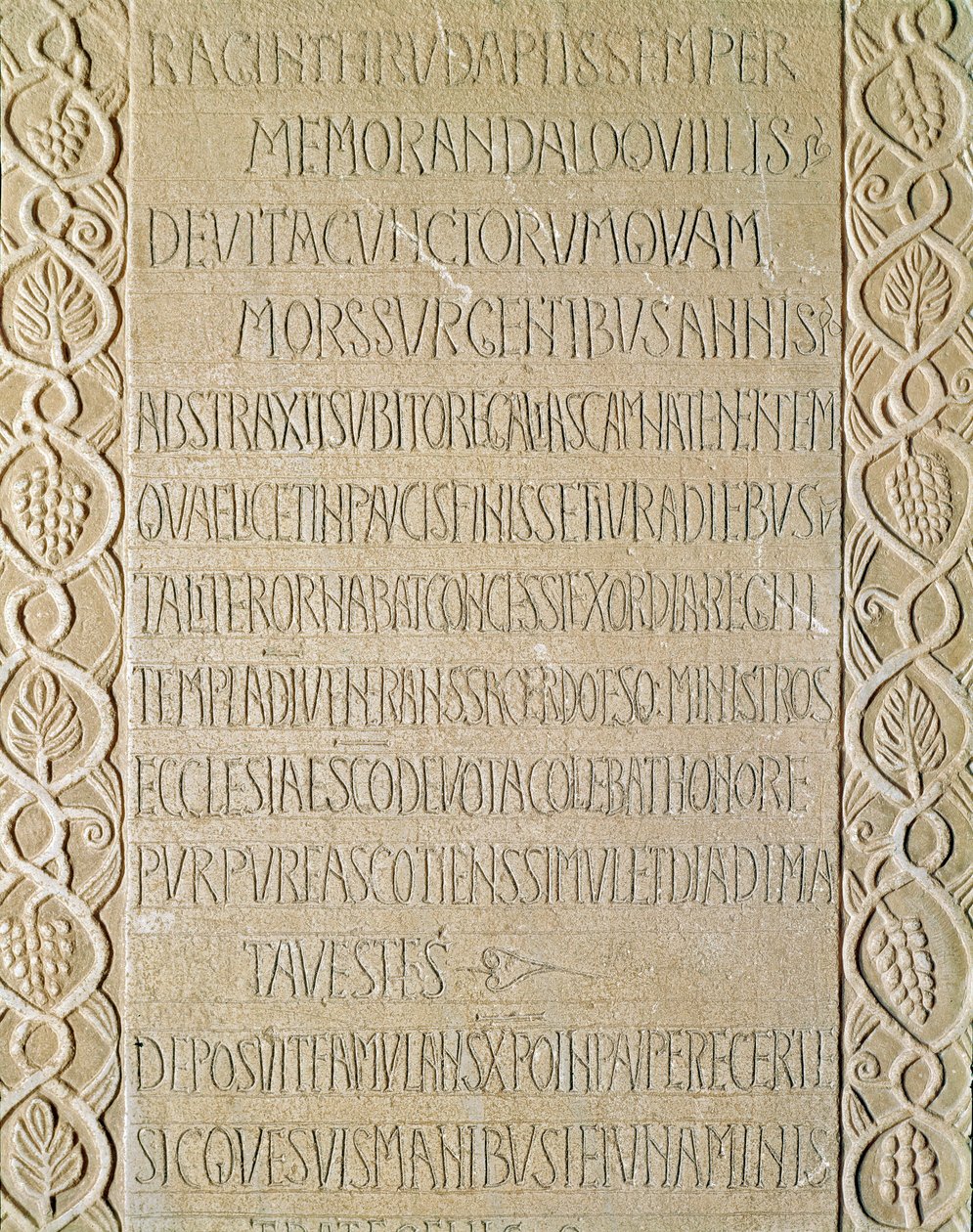 Archeologia del Medioevo. Arte barbarica della Lombardia: lapide della regina Ragnetrude, datata 740-750. Arte longobarda. Pavia, Museo Civico, Sezione Archeologica da Italian School