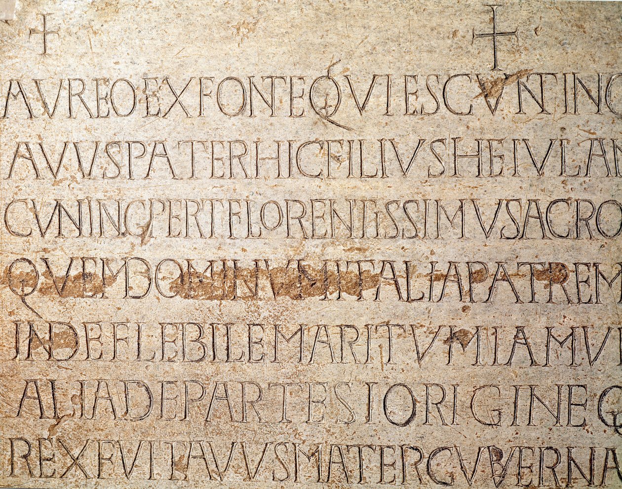 Archeologia del Medioevo. Arte barbarica della Lombardia: lapide del re longobardo Cuniperto, detto il Pio (Cuniperto, 678-700). Arte longobarda. Pavia, Museo Civico, Sezione Archeologica da Italian School