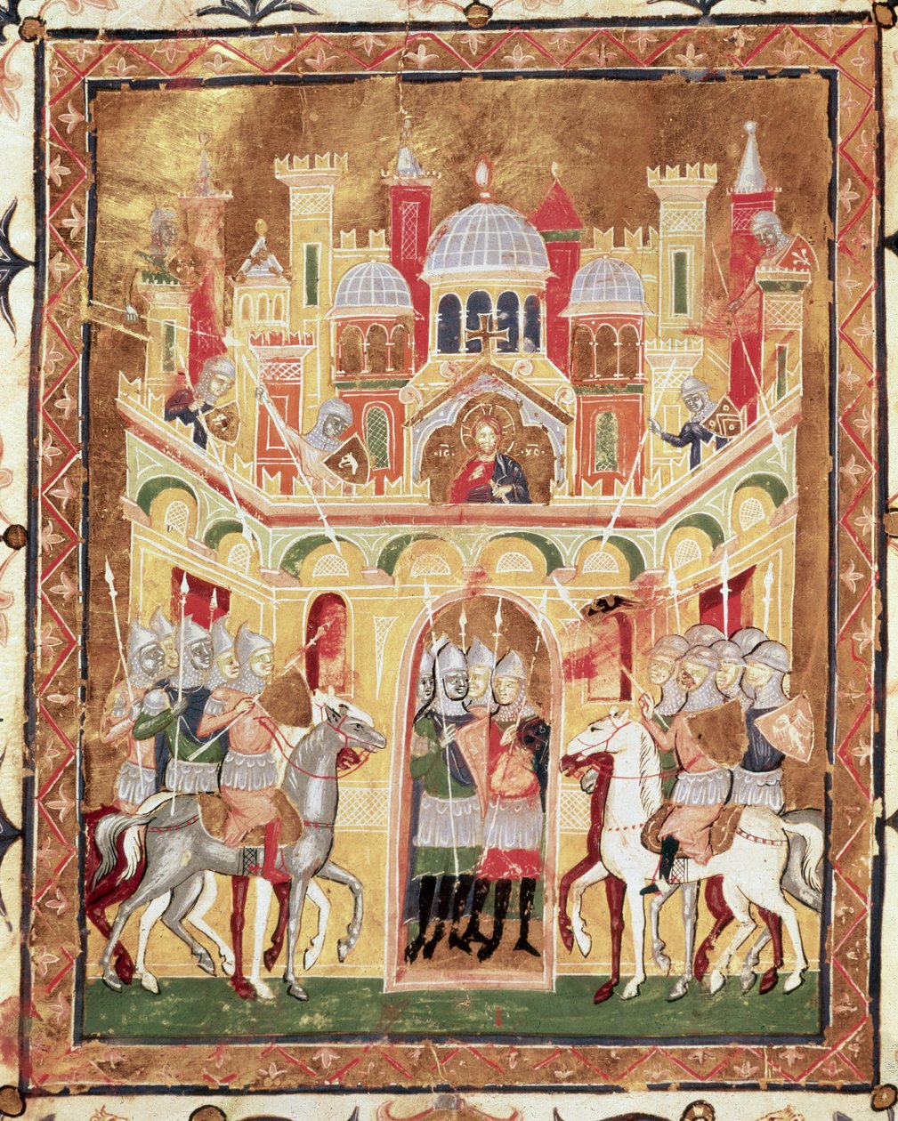 Scena di battaglia alle mura di Gerusalemme, da Descriptio Terrae Sanctae di Burcardus Theutonicus o Burchard di Monte Sion da Italian School