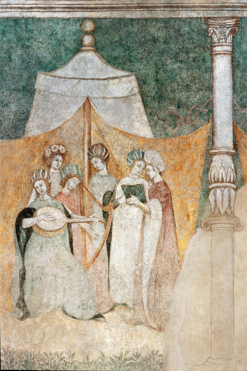 Bicocca degli Arcimboldi: affresco del XV secolo, dettaglio di donne che suonano musica (affresco) da Italian School