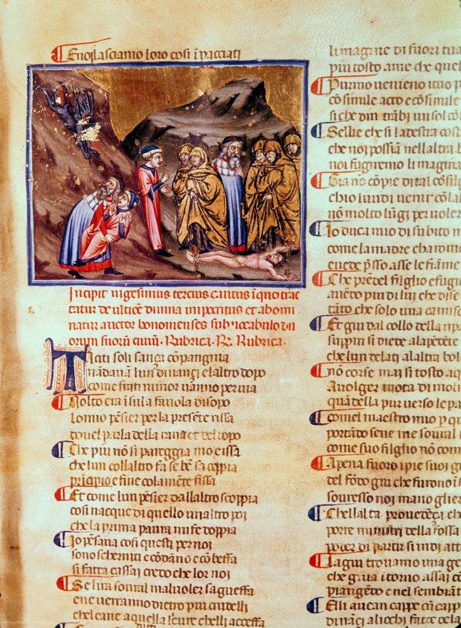 Canto XXIII Dante e Virgilio nel Cerchio degli Ipocriti, con Caifa crocifisso a terra, dalla Divina Commedia (Inferno), c.1313 da Italian School