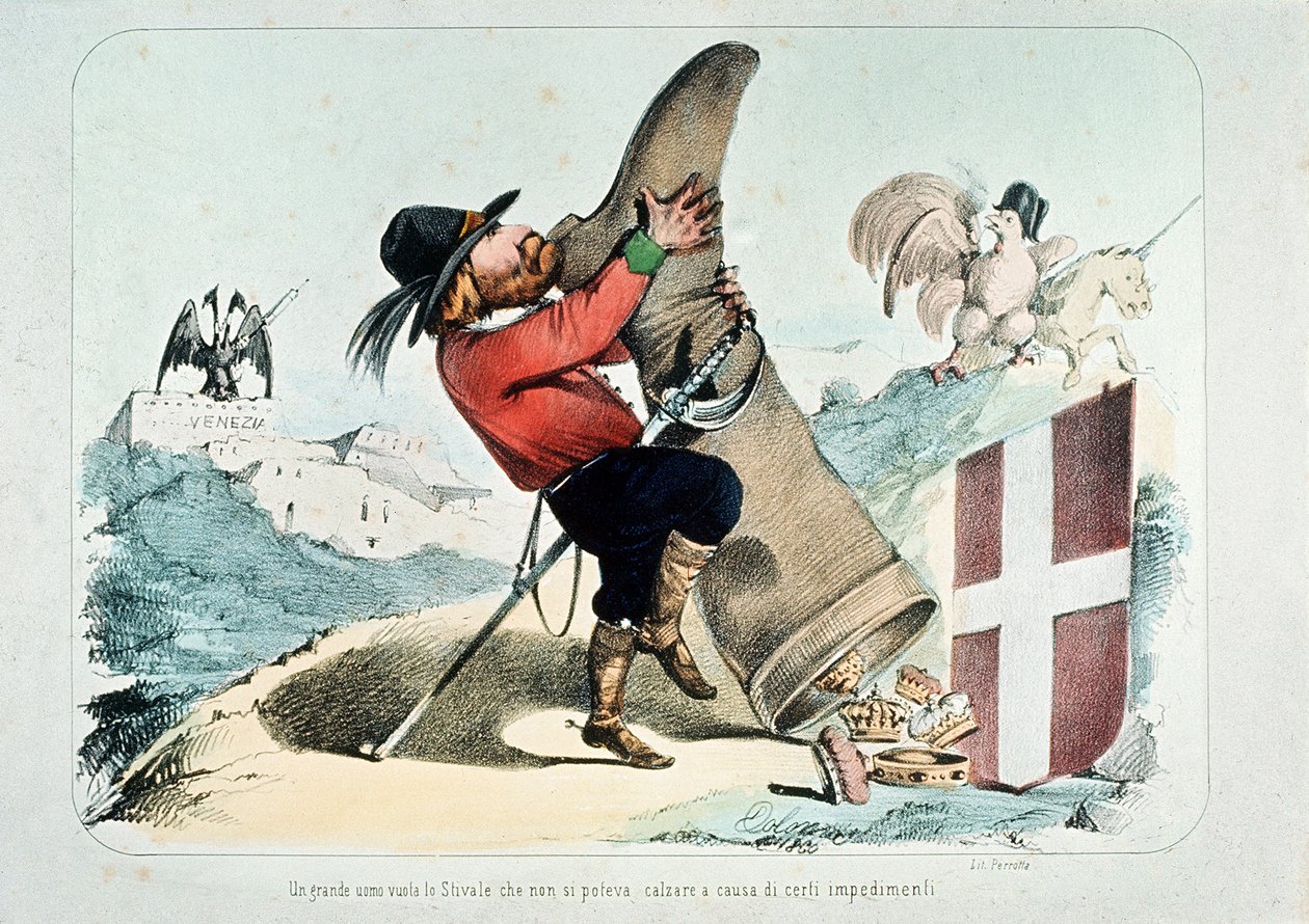 Caricatura di Giuseppe Garibaldi che svuota uno stivale (Italia) pieno di corone da Italian School