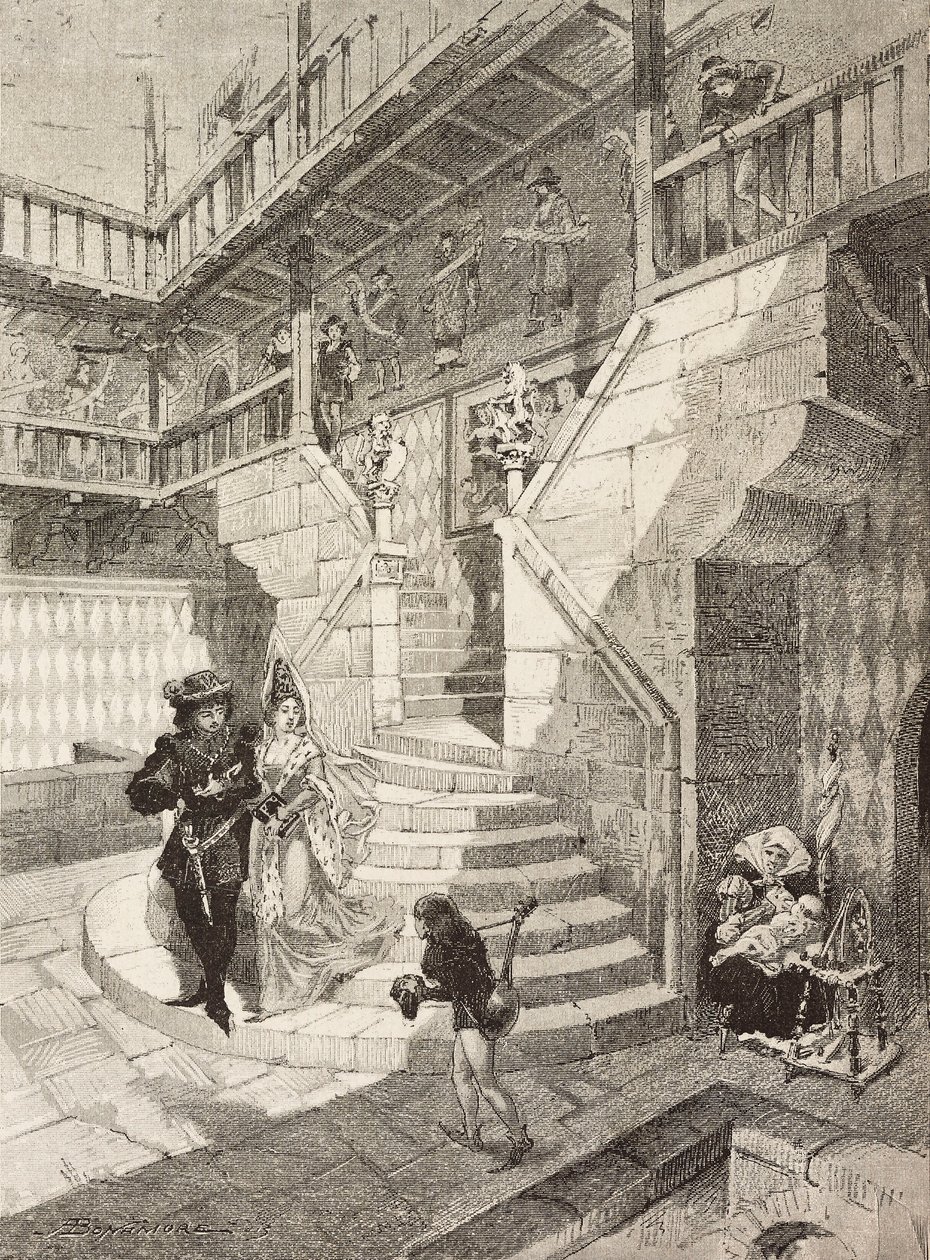 Cortile del castello, villaggio medievale a Torino, Italia, incisione di Bonamore da L