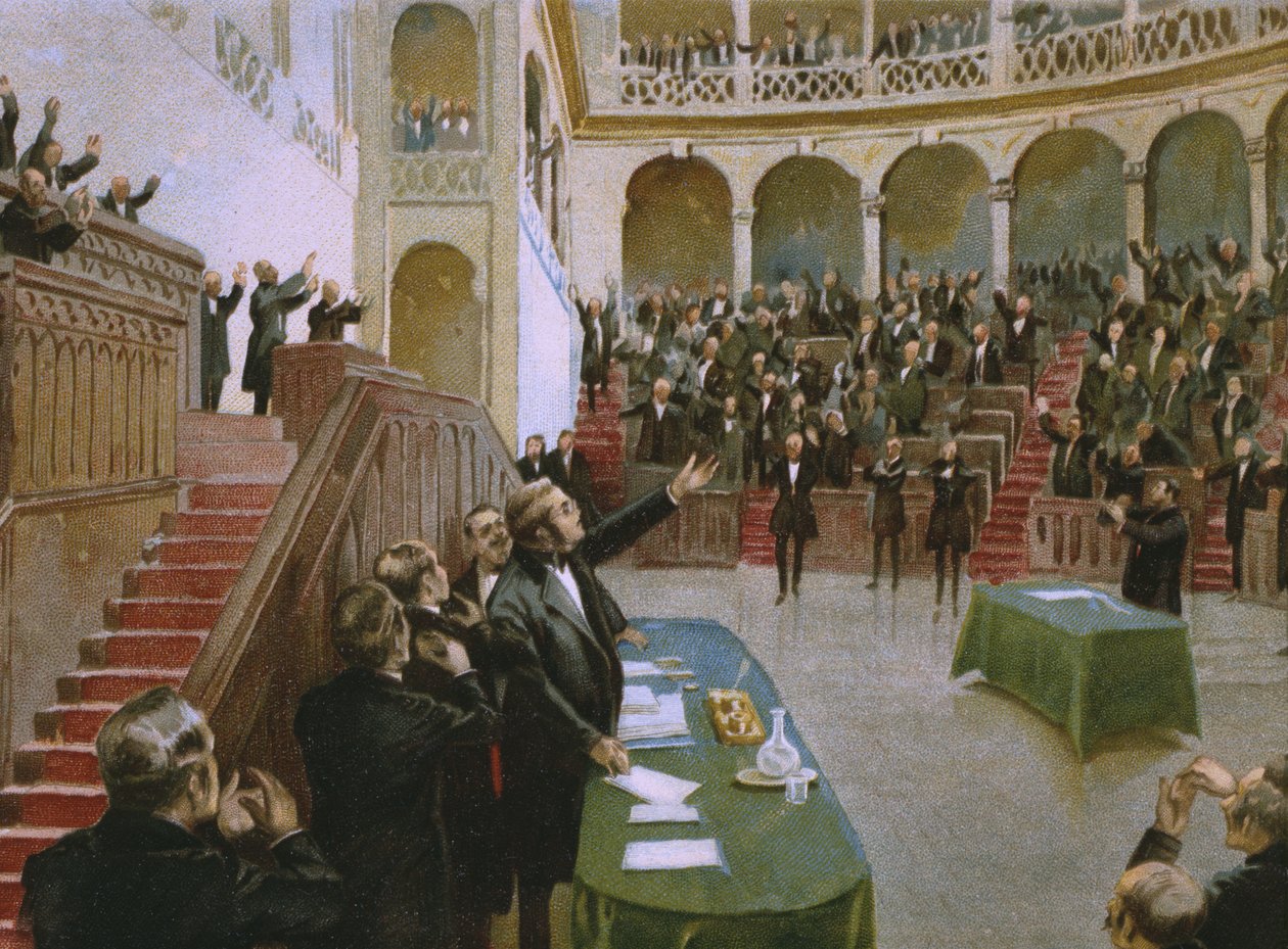 Cavour fa applaudire il re Vittorio Emanuele II (1820-78) dal primo parlamento nazionale italiano il 18 febbraio 1861, illustrazione da un album sulla storia del Risorgimento realizzato per il cioccolato Talmone, fine XIX secolo da Italian School