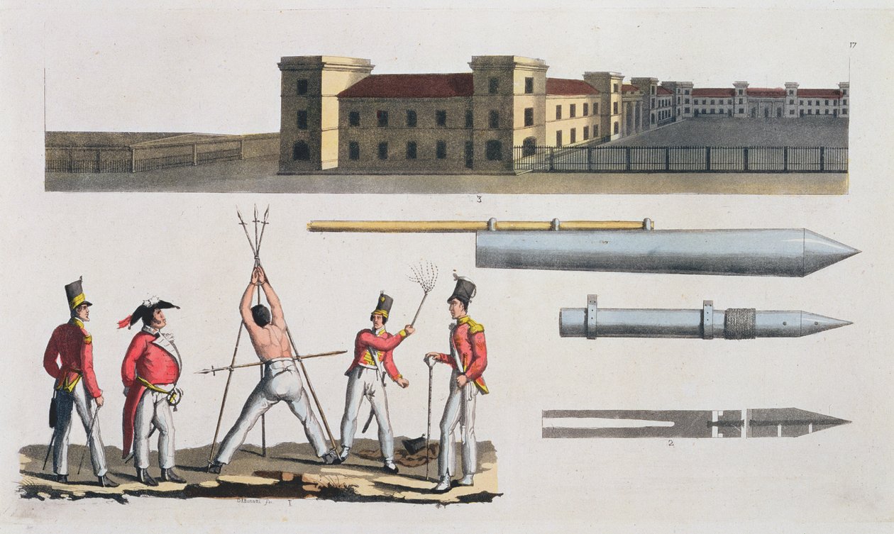 Caserme di Chatham, una punizione militare chiamata il Triangolo e razzi Congreve, tavola 17 da La storia delle nazioni da Italian School