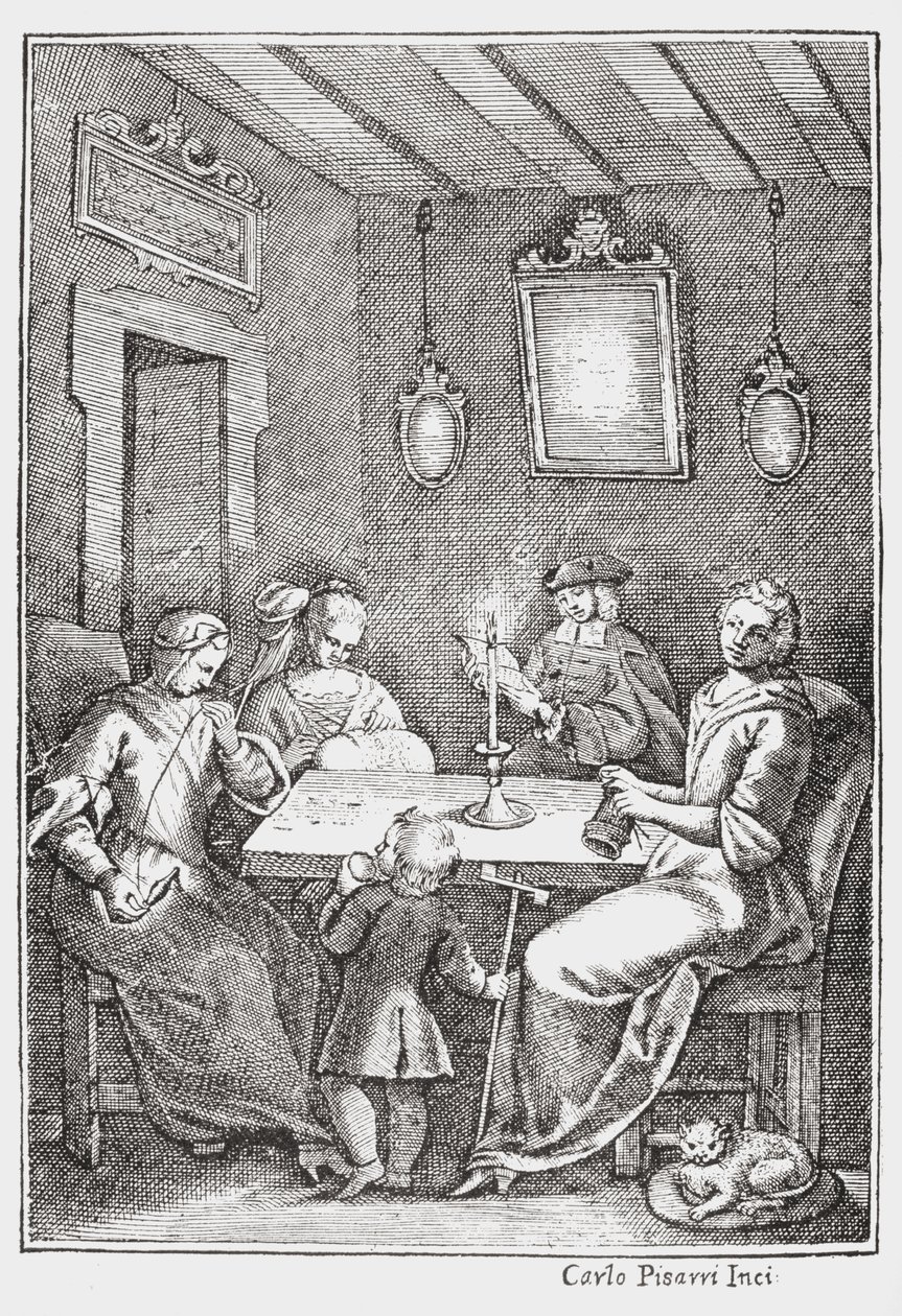 Chiaqlira legge racconti a un gruppo di cucito, copertina del Pentamerone di Giambattista Basile, 1742 da Italian School