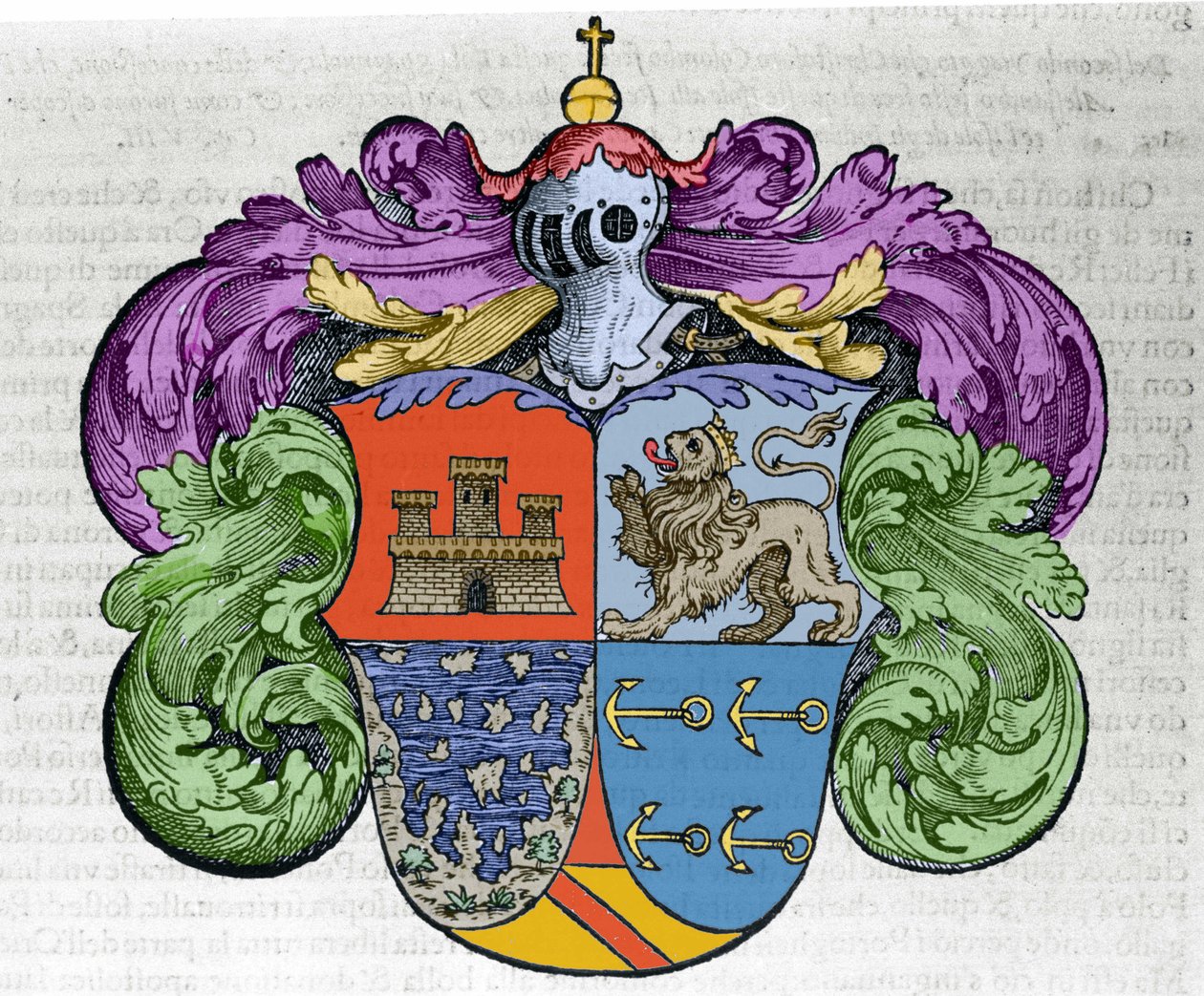 Stemma del navigatore Cristoforo Colombo (1451-1506): le quattro parti dello scudo rappresentano in alto la città di Castiglia e León, in basso le isole scoperte e gli ancoraggi simbolo dell