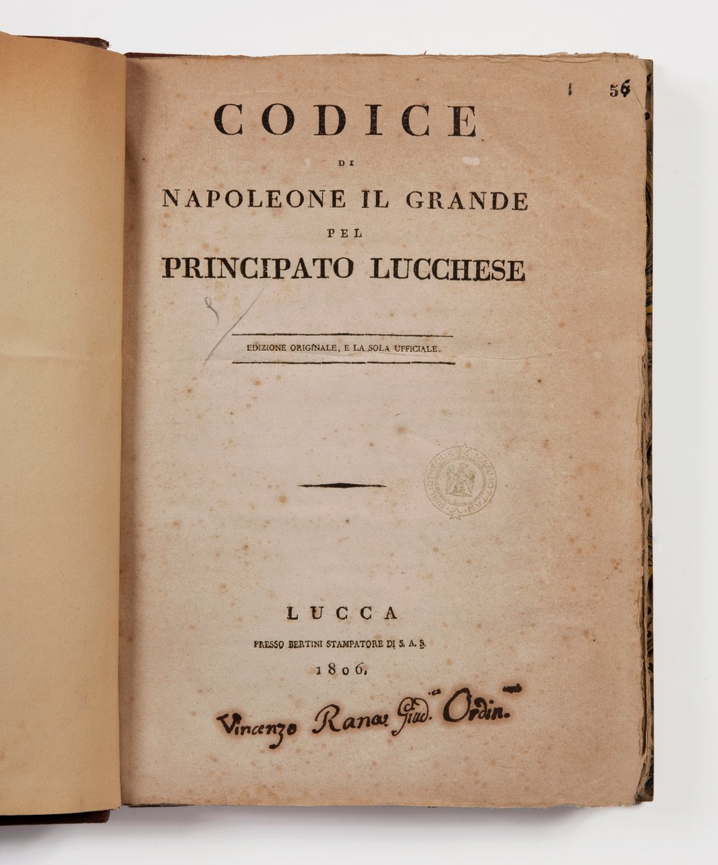 Codice di Napoleone il Grande per il principato di Lucca, prima edizione ufficiale, Lucca, Presso Bertini, 1806, e il codice rurale per i principati di Lucca e Piombino, Lucca, Fr. Bertini, 1807 da Italian School
