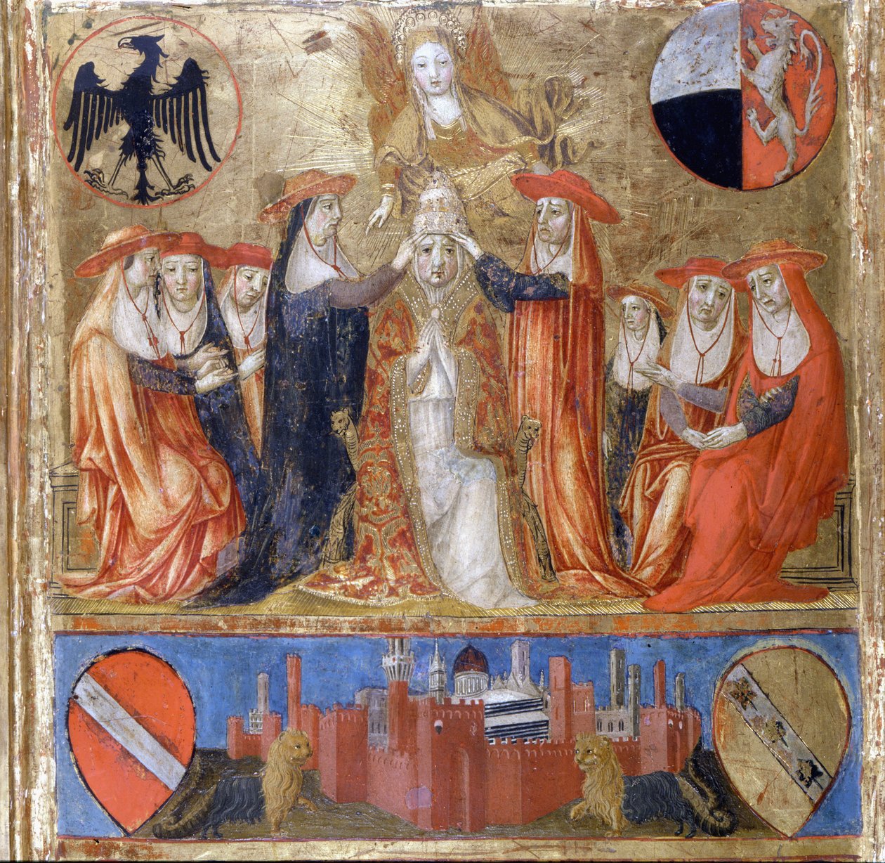Incoronazione di Pio II (Enea Silvio Piccolomini) (1405-1464). Papa italiano (1458-1464). In basso la città fortificata di Siena. Bicherna (copertina del registro contabile della città di Siena) del 1460. da Italian School