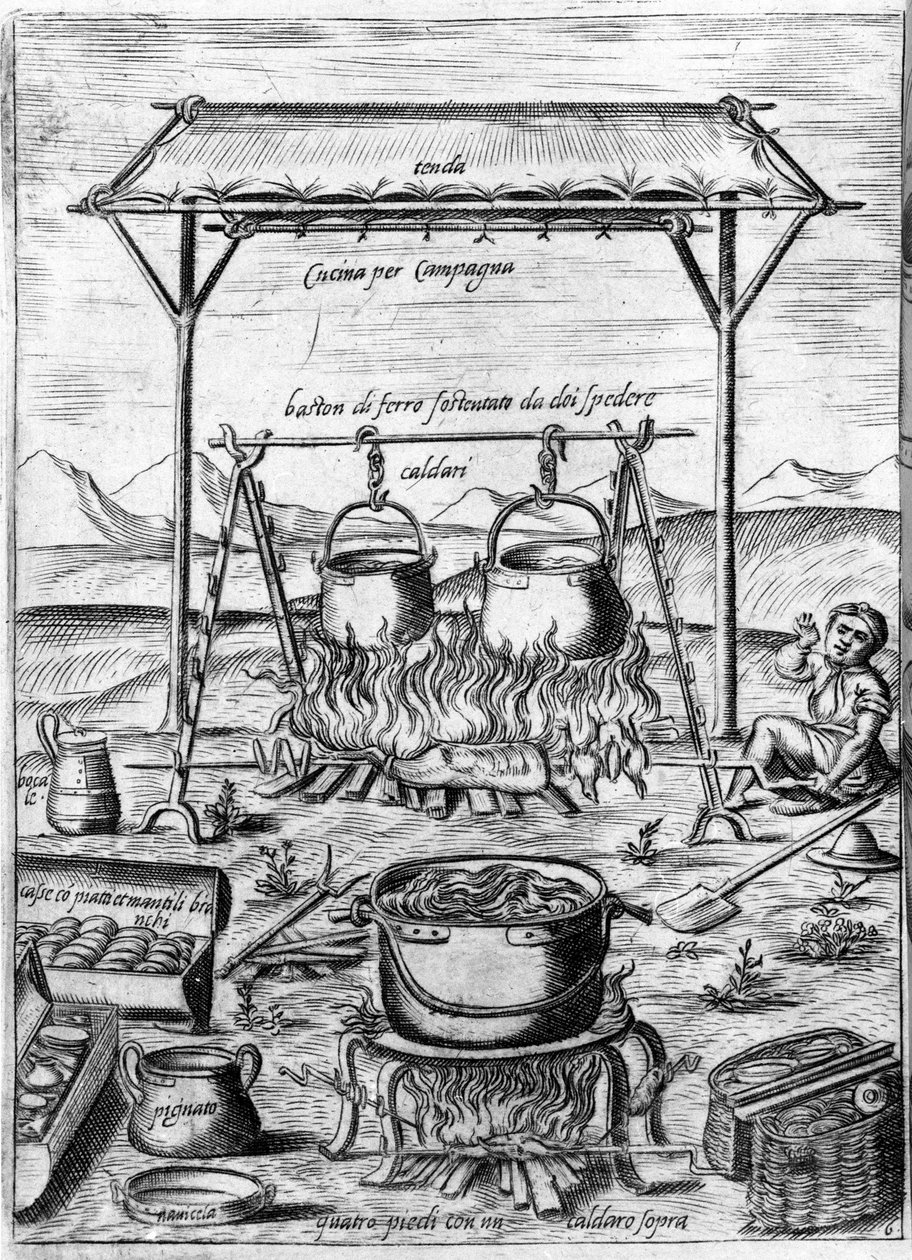 Cucina di campagna: calderoni e pentole sono posti sul fuoco. Incisione da "Opera", libro di gastronomia diviso in 6 parti, di Bartolomeo Scappi, cuoco personale di Papa Pio V. Venezia da Italian School