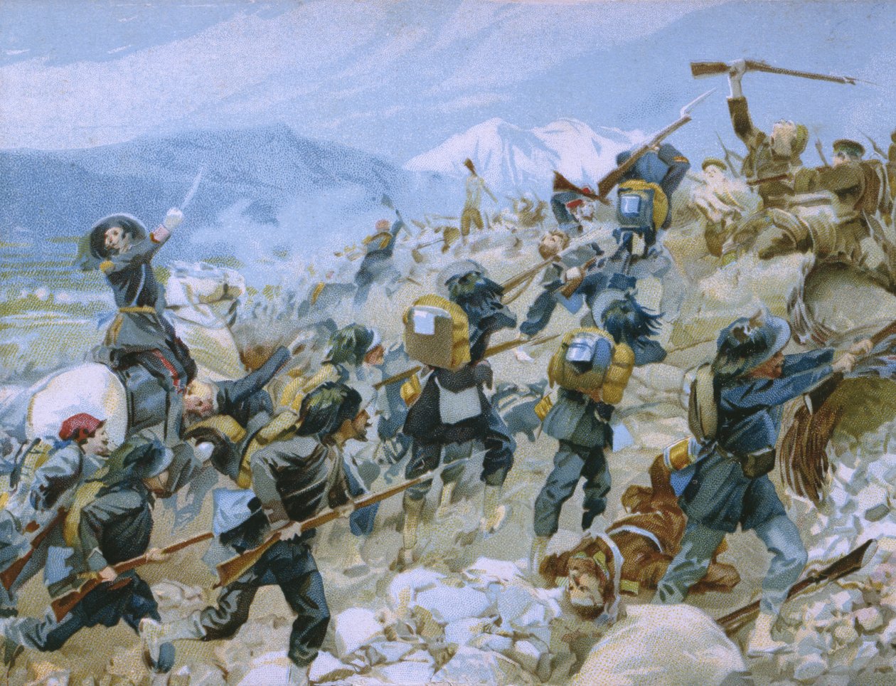 Guerra di Crimea e la battaglia della Chernaya, 16 agosto 1855, illustrazione da un album sulla storia del Risorgimento realizzato per il cioccolato Talmone, fine XIX secolo da Italian School