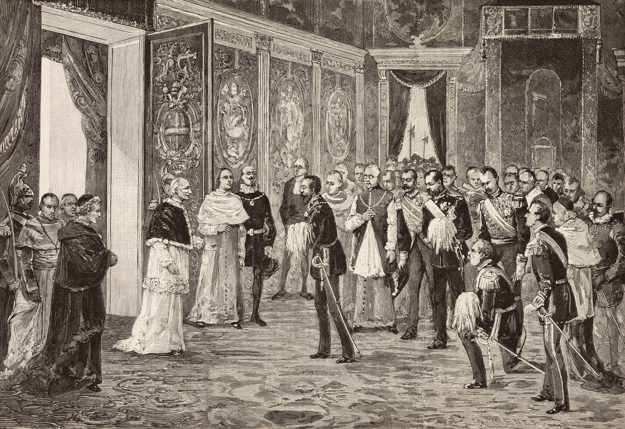 Il principe ereditario di Germania (futuro Federico III) ricevuto da Papa Leone XIII nella sala del trono, Vaticano, incisione da un disegno di Ximenes da uno schizzo di Dal Don da Italian School