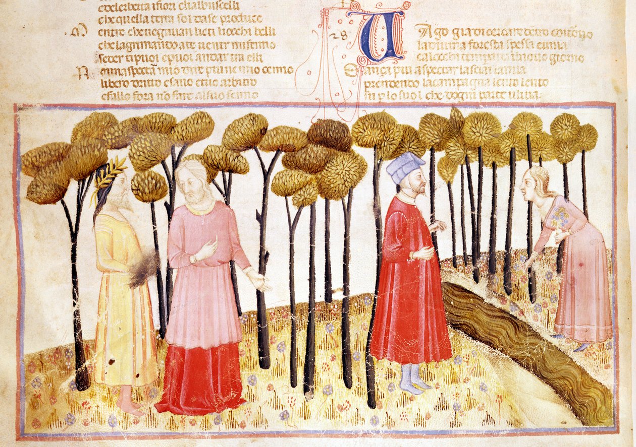 Dante e Virgilio (70-19 a.C.) alla sommità del Purgatorio, dalla Divina Commedia di Dante Alighieri (1265-1321) da Italian School
