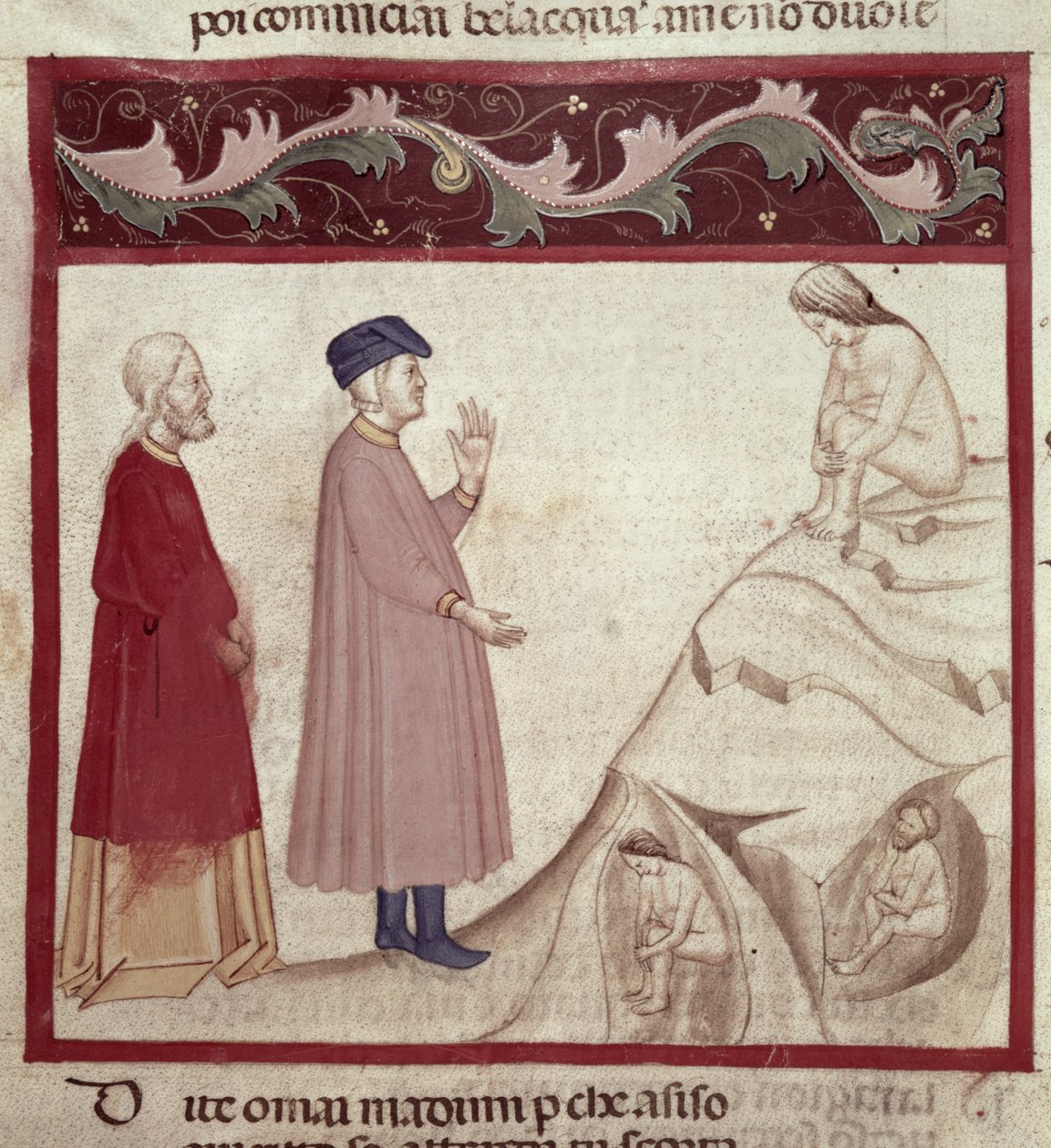 Dante e Virgilio (70-19 a.C.) incontrano le anime imprigionate nelle rocce, dalla Divina Commedia di Dante Alighieri (1265-1321) da Italian School