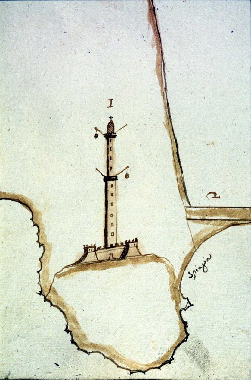 Dettaglio di una mappa topografica manoscritta del XVII secolo che mostra la posizione della lanterna di Genova da Italian School