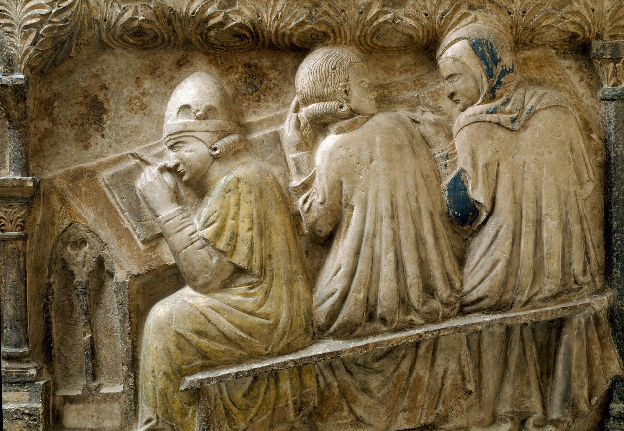 Dettaglio che rappresenta studenti che seguono il corso di Bonifacio Galluzzi (Lapide funeraria, circa 1346) da Italian School
