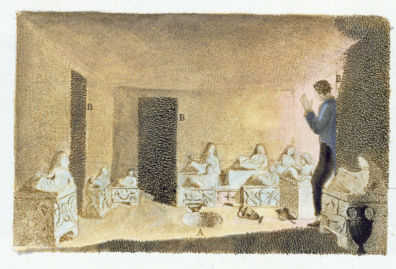 Scoperta di tombe etrusche, illustrazione da Monumenti Etruschi di Francesco Inghirami (1772-1846), pubblicato a Fiesole, 1825 da Italian School