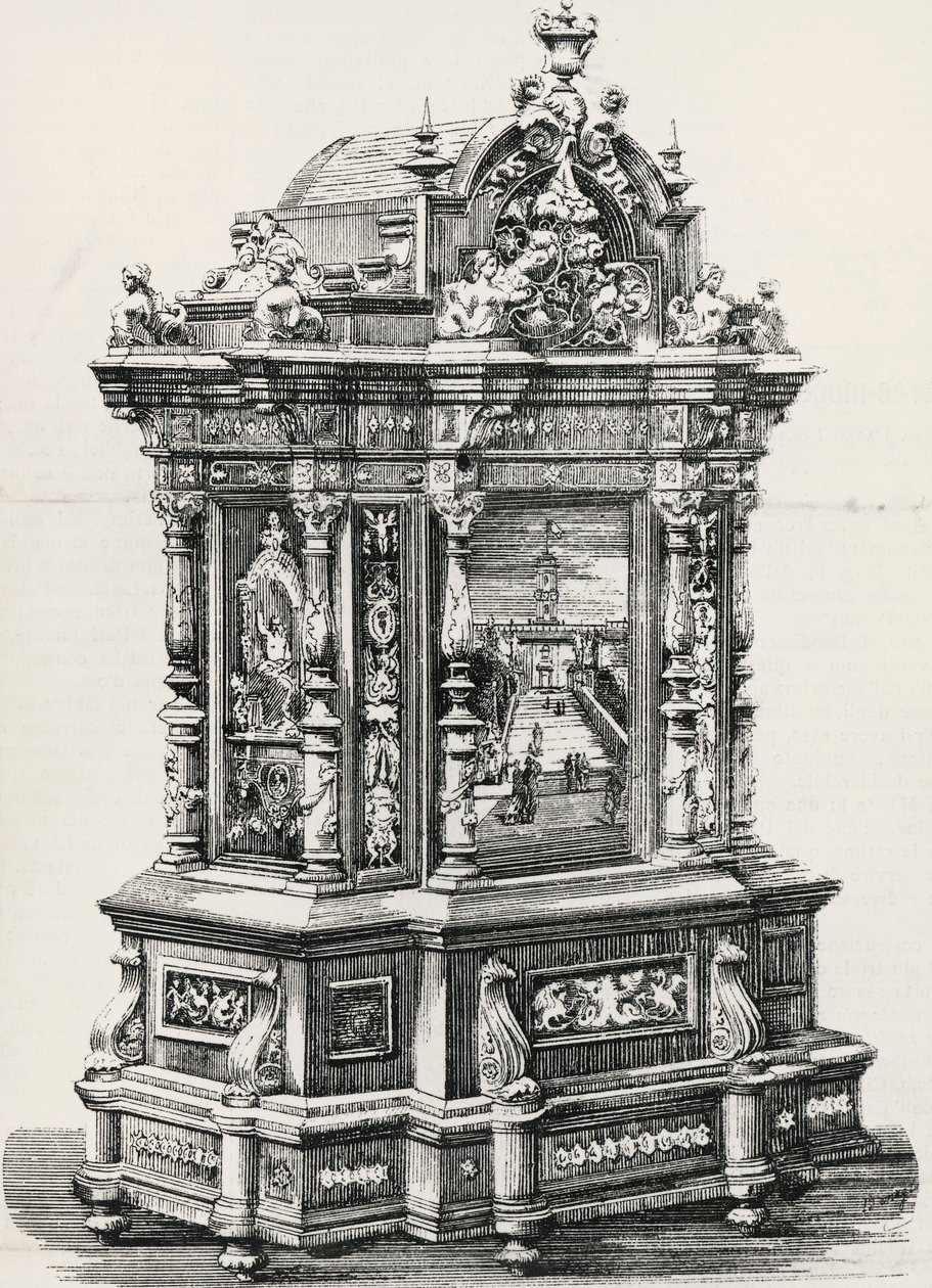Mobile in ebano con intarsi del falegname Alessandro Monteneri di Perugia (attivo XIX-XX secolo), illustrazione dall