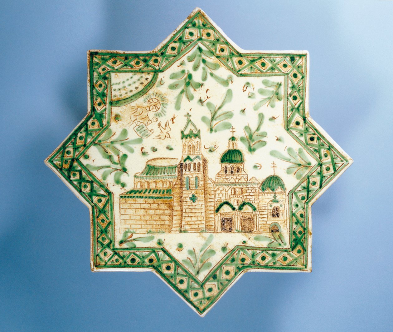 Mattonella a otto punte raffigurante Federico II in trono al centro, ceramica decorativa, manifattura Alessi, Caltagirone, Sicilia, Italia, XX secolo da Italian School