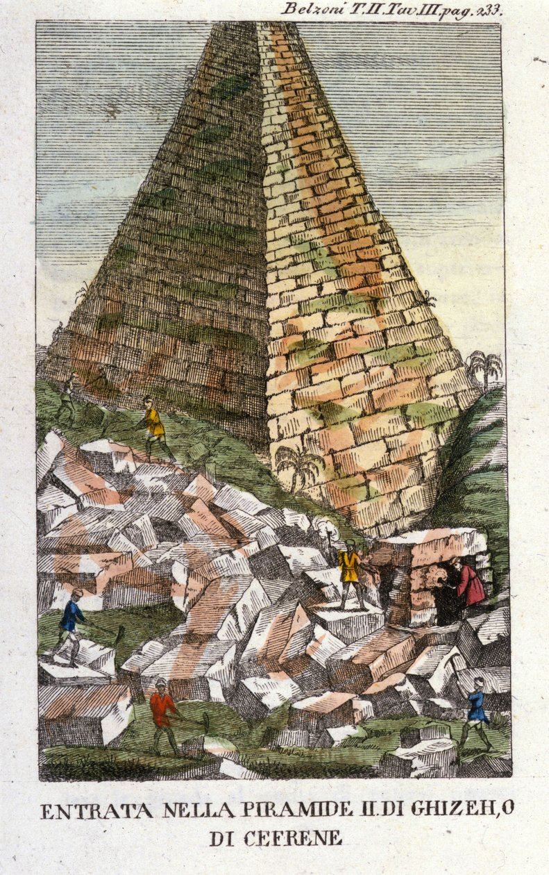 Ingresso di Belzoni nella Piramide di Giza o Chephren (Antico Impero). Giovanni Battista Belzoni (1778-1823), esploratore e archeologo italiano, fece importanti scoperte archeologiche in Egitto. Incisione - in 
