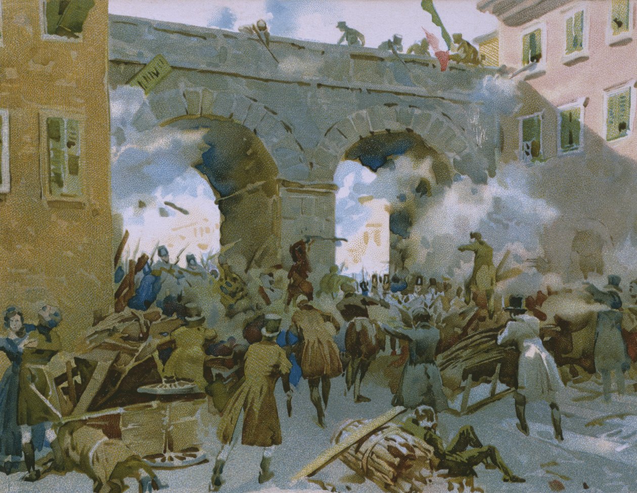 Eventi dal 18 al 22 marzo 1848, i milanesi cacciano gli austriaci, illustrazione da un album sulla storia del Risorgimento realizzato per il cioccolato Talmone, fine XIX secolo da Italian School
