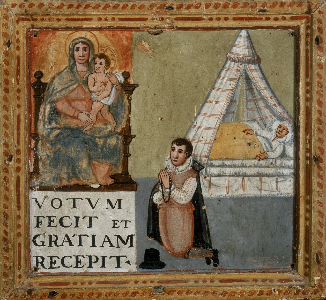 Ex-voto che raffigura un uomo che ringrazia la Vergine in ginocchio per essere guarito da una malattia da Italian School