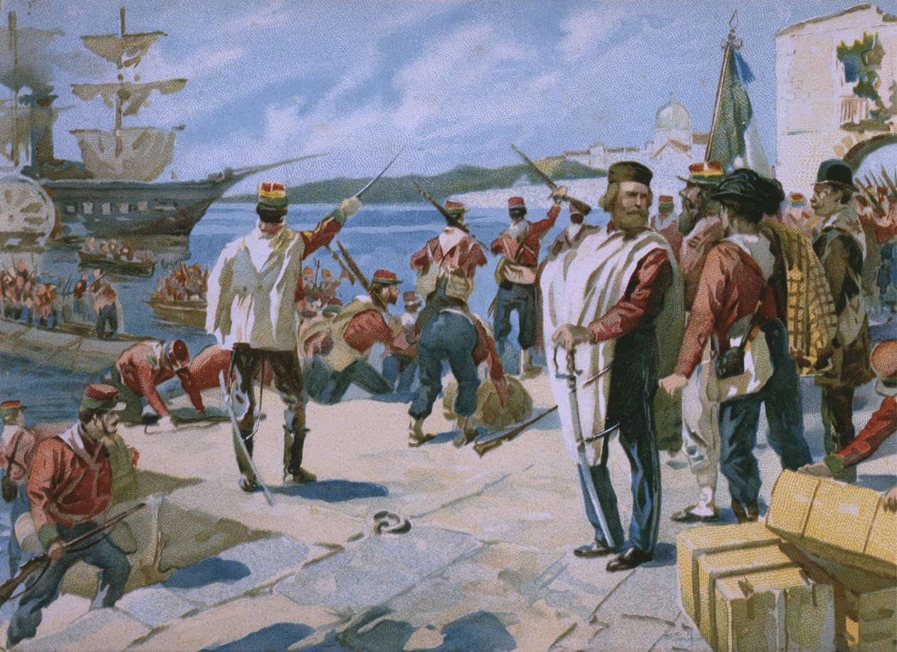 Spedizione dei Mille sotto la guida di Giuseppe Garibaldi, sbarco a Marsala, Sicilia, 1860, illustrazione da un album sulla storia del Risorgimento realizzato per il cioccolato Talmone, fine XIX secolo da Italian School