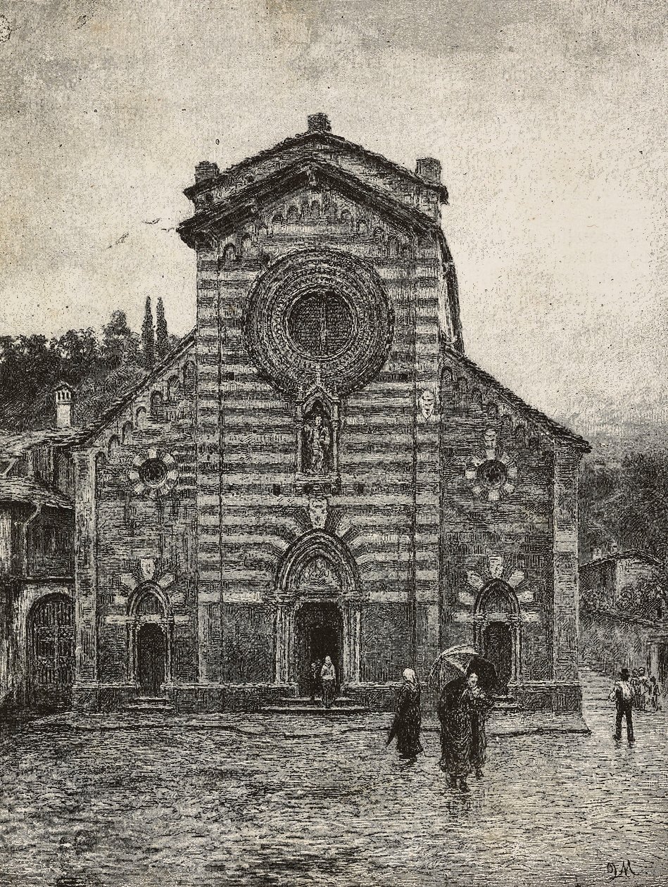 Facciata della cattedrale di Bellano, Lago di Como, incisione da disegno di Quinto Michetti, da L