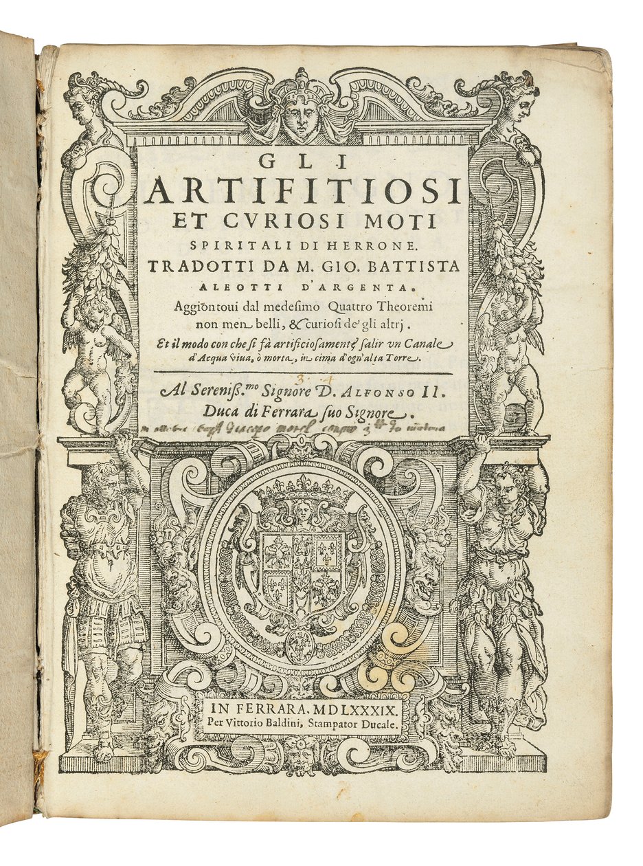Prima edizione della traduzione di Aleotti dei Pneumatici di Hero da Italian School
