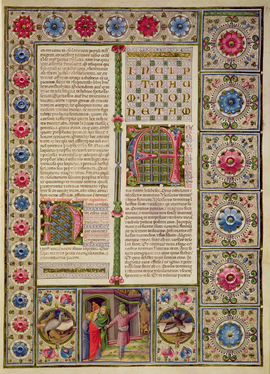 Fol.99r Apertura al Libro del Profeta Naum, dalla Bibbia di Borso d