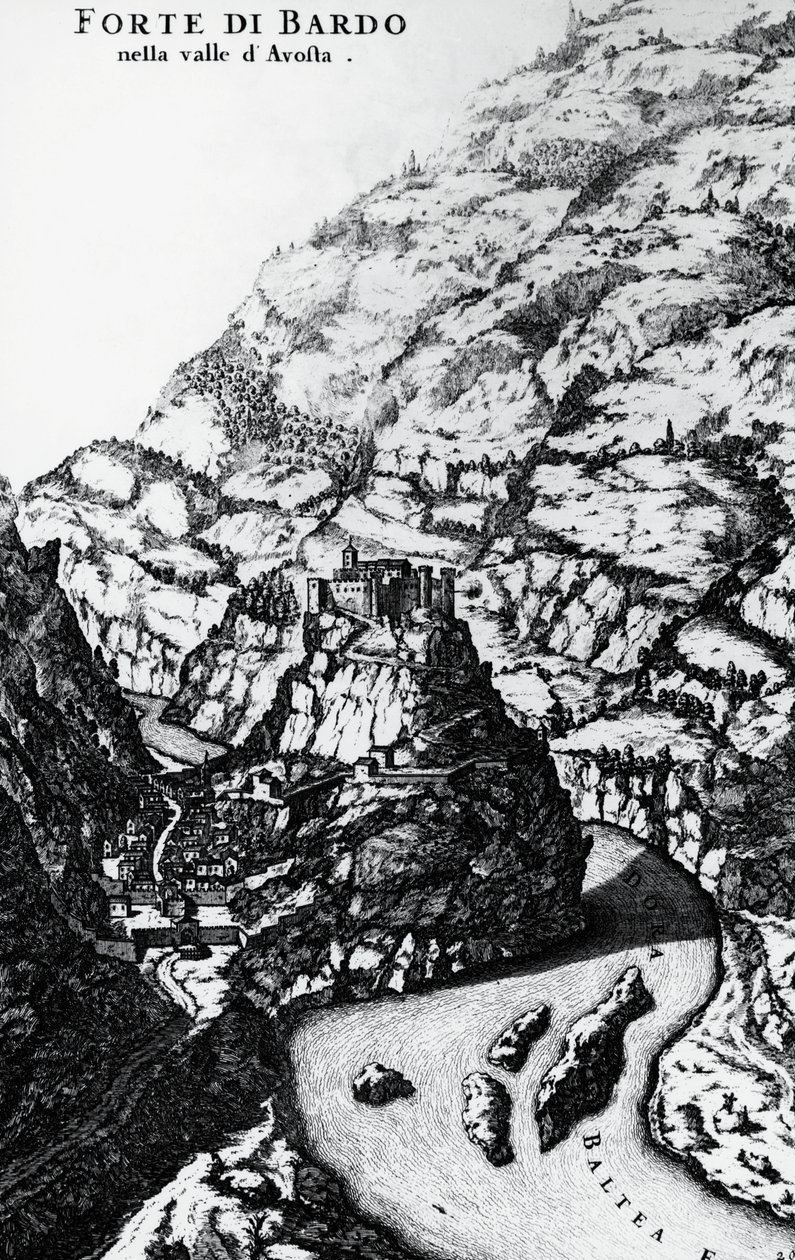 Forte di Bard, incisione dal Theatrum Sabaudiae da Italian School
