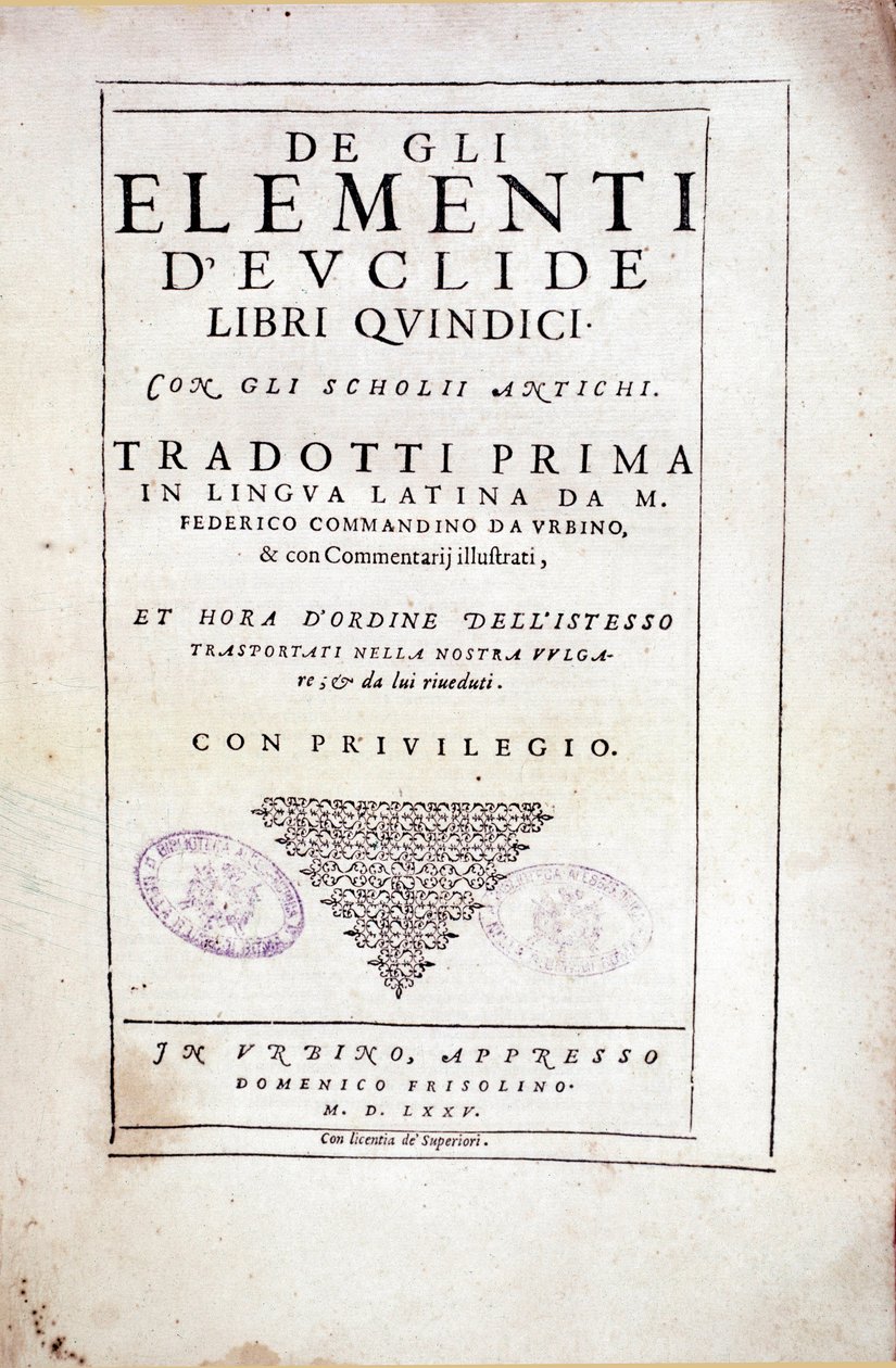 Frontespizio del volume XV "Elementi" del matematico greco Euclide (III secolo a.C.) da Italian School