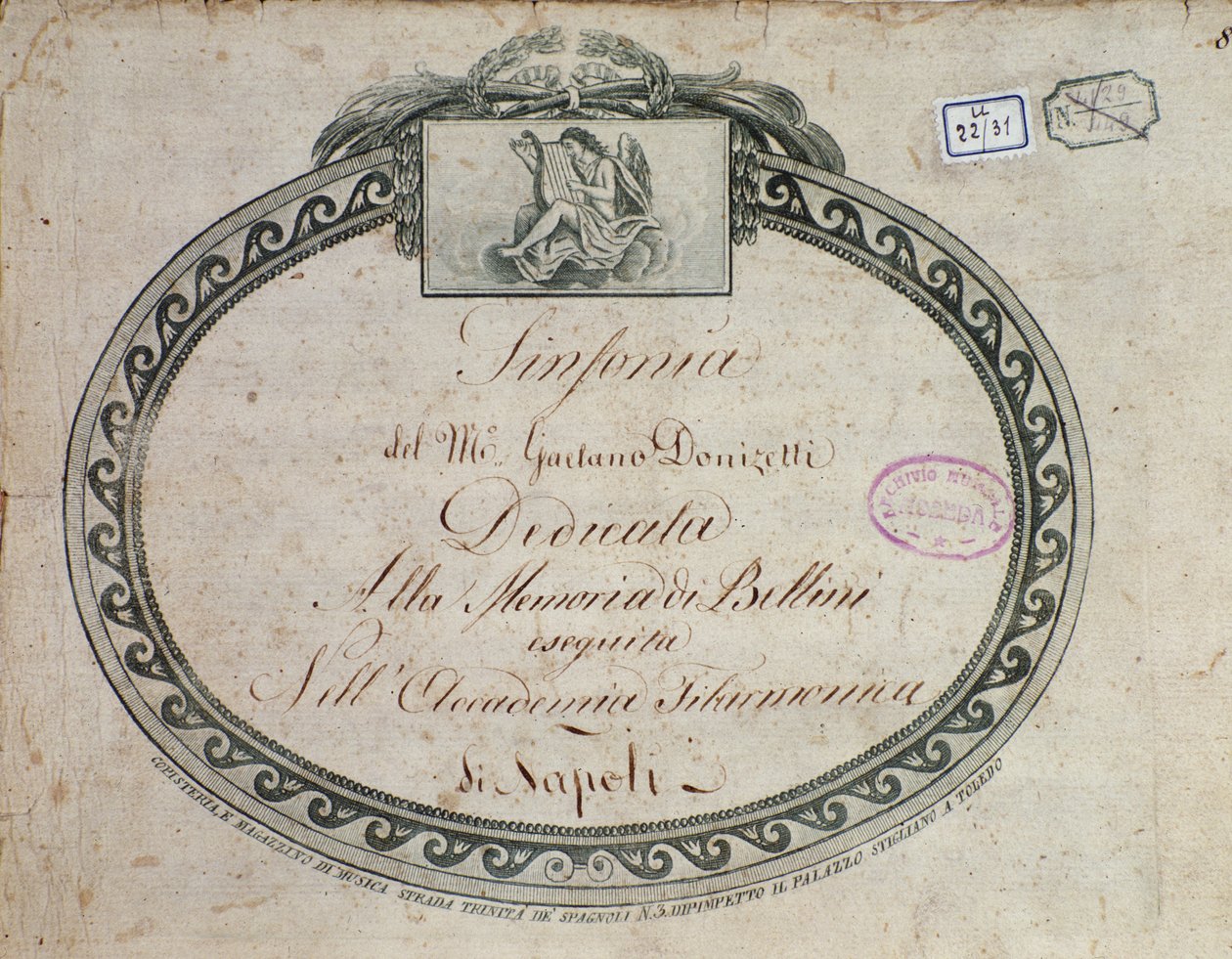 Frontespizio (dettaglio) di "Sinfonia in mi bemolle maggiore: dedicata alla memoria di Bellini" da Italian School