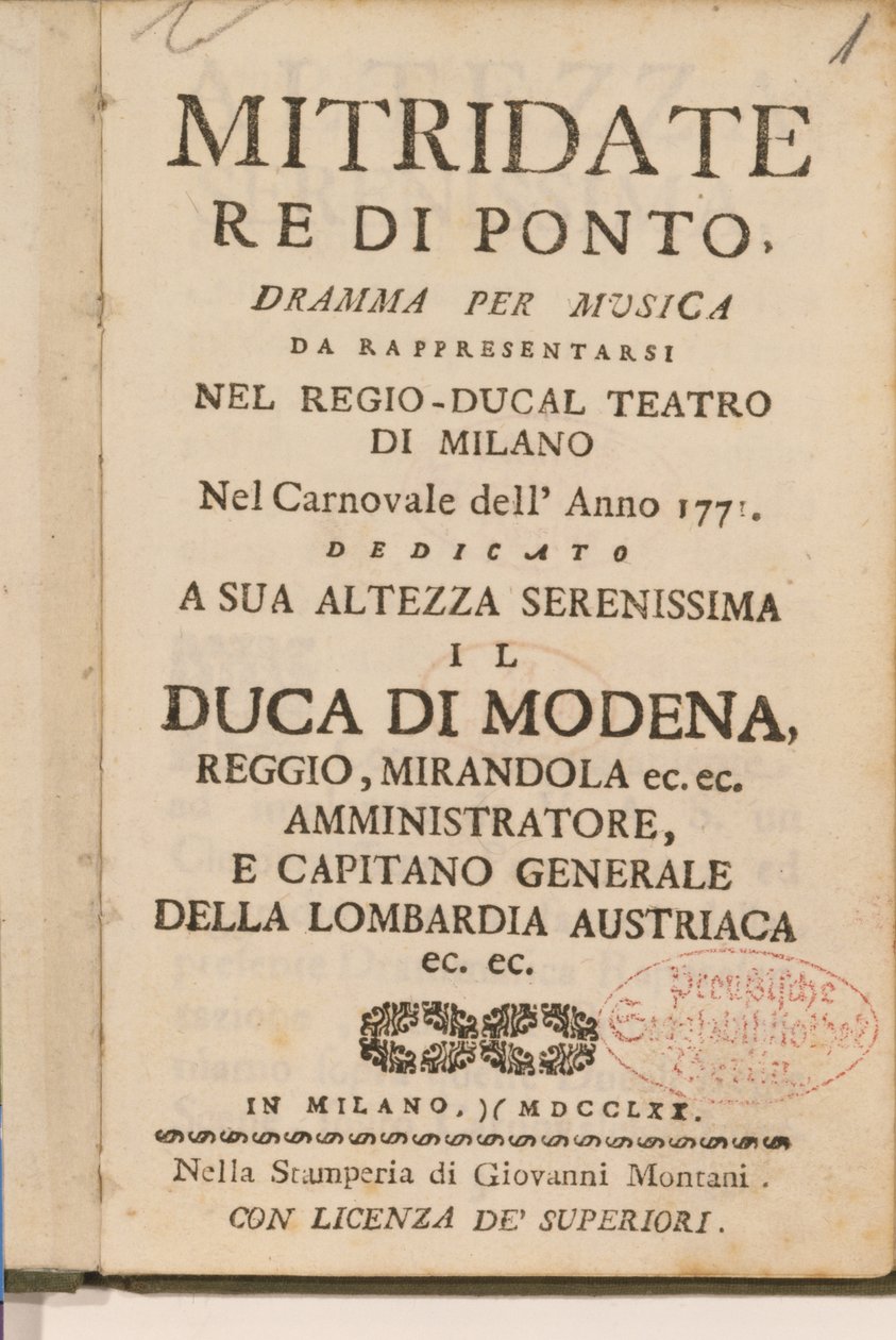 Frontespizio da una copia antica di Mitridate, re di Ponto, un