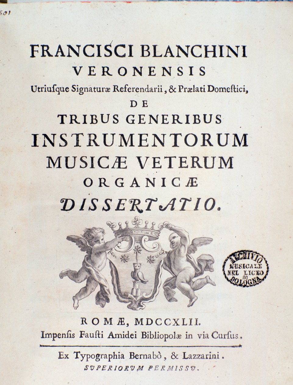 Frontespizio di "de Tribus Generibus Instrumentorum Musicae Veterum", opera sugli strumenti musicali antichi di Francesco Bianchini da Italian School