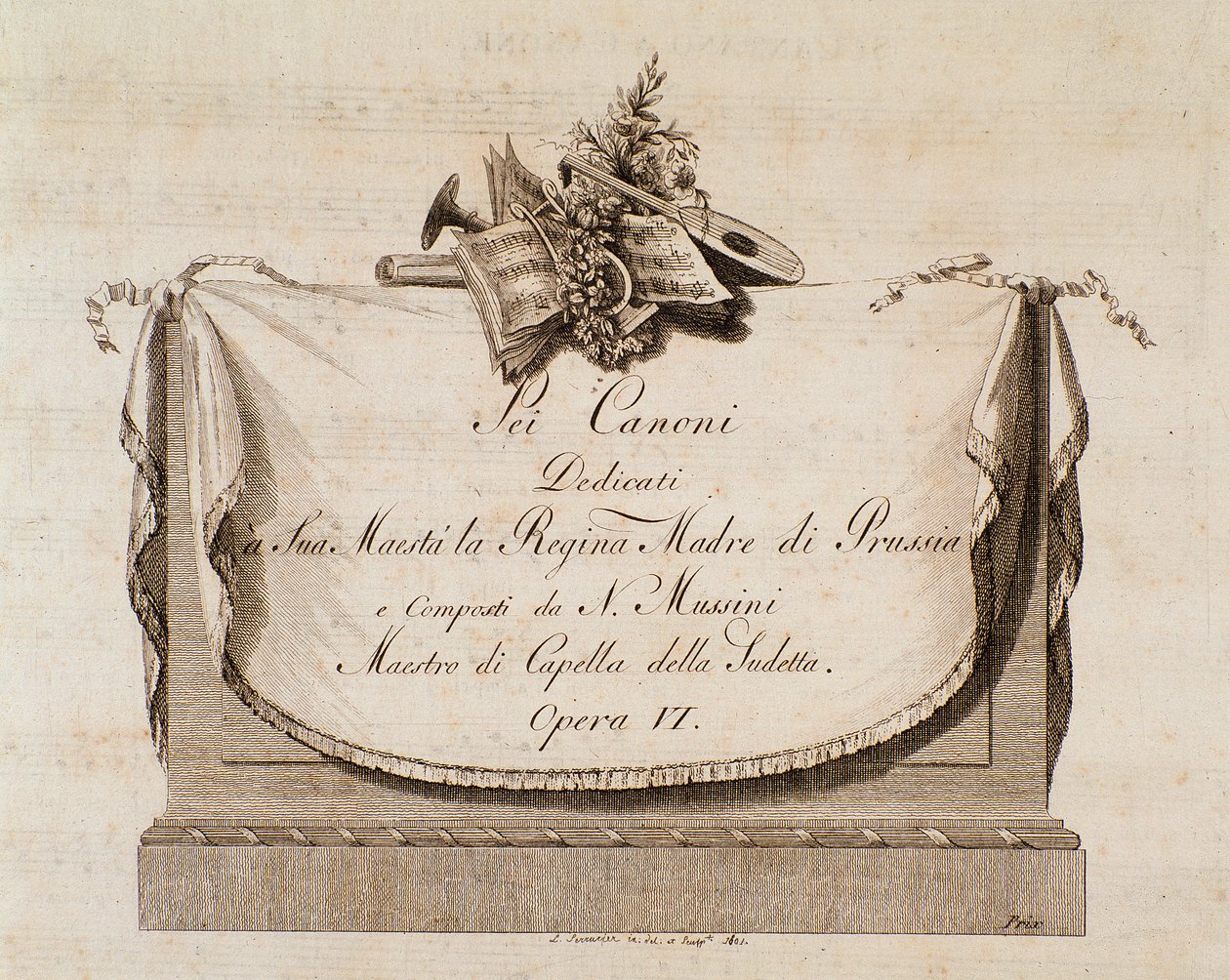 Frontespizio della partitura musicale di Sei canoni del compositore italiano Natale Mussini (1765-1837) dedicata alla Regina di Prussia da Italian School
