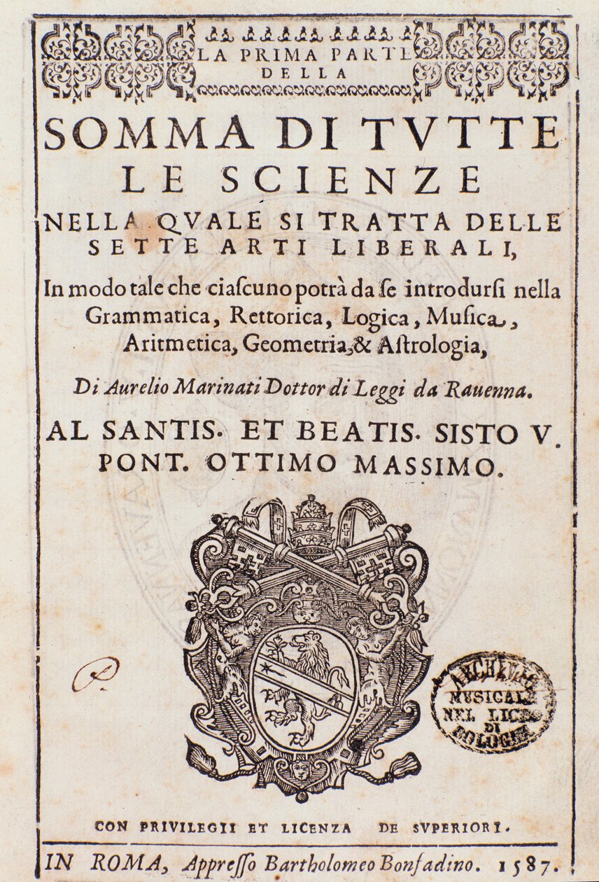 Frontespizio tratto da Somma di tutte le scienze, saggio sulle arti liberali, di Aurelio Marinati da Italian School