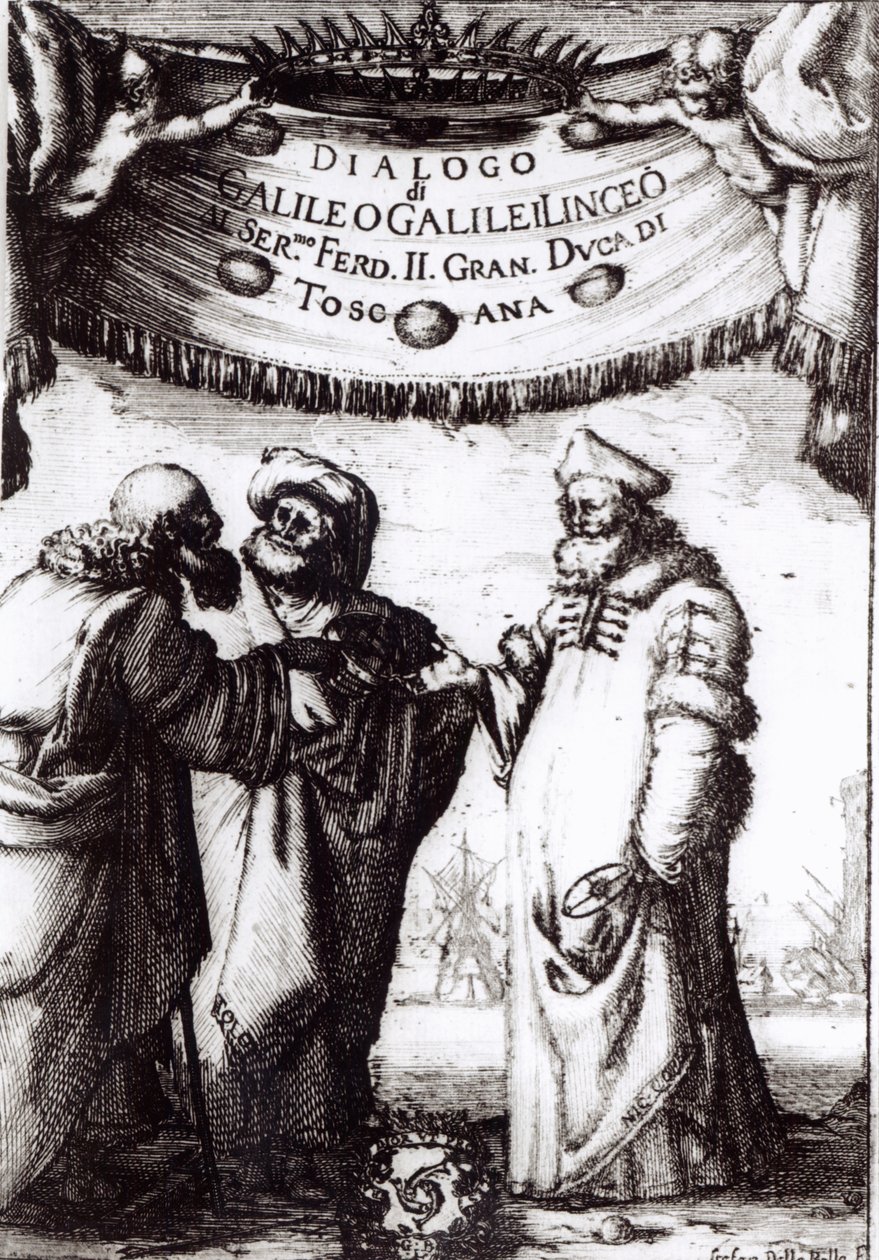 Frontespizio di Dialogo sopra i due massimi sistemi del mondo di Galileo, pubblicato nel 1632 da Italian School