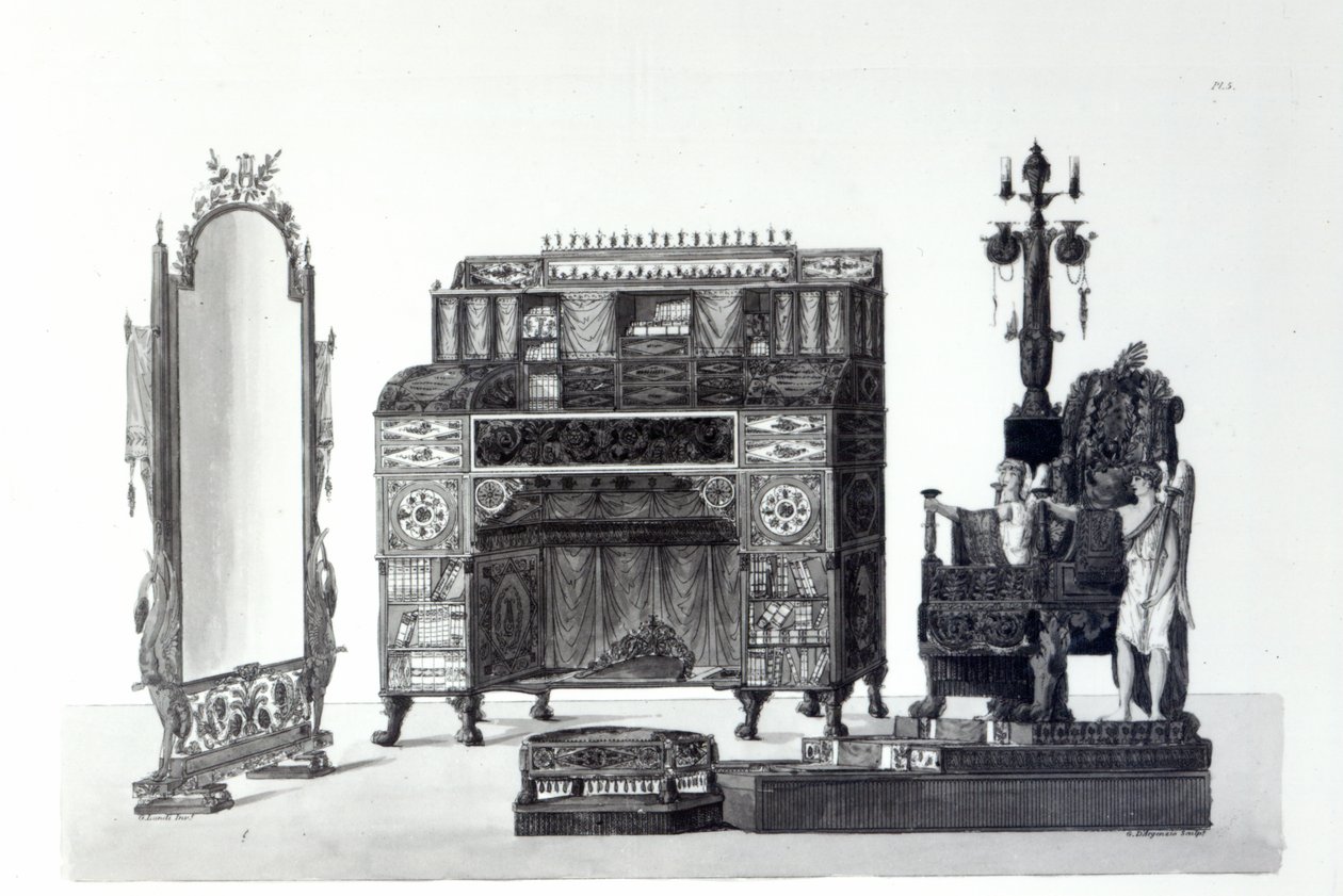 Mobili in stile greco da Decorazioni Architettoniche di Gaetano Landi, inciso da G. D