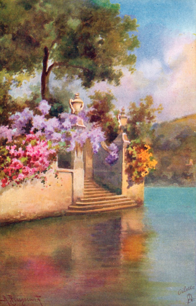 Giardini del lago di Como, Italia (litografia a colori) da Italian School