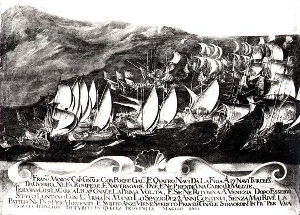 Generale Francisco Morosini (1618-94) e la flotta veneziana in un incontro con la flotta turca al largo della costa di Creta, maggio 1661 da Italian School