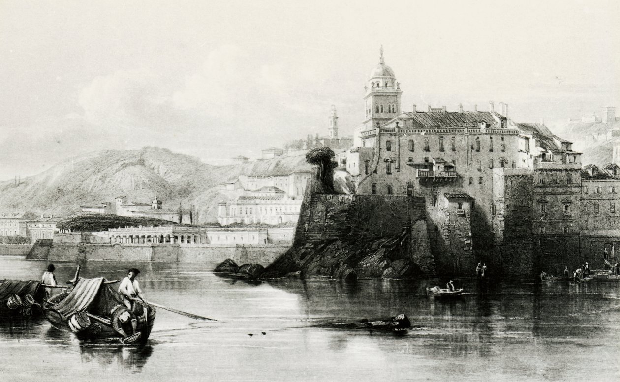 Muro del porto di Genova con Villa Doria Pamphili sullo sfondo, incisione, ca 1850, Italia da Italian School