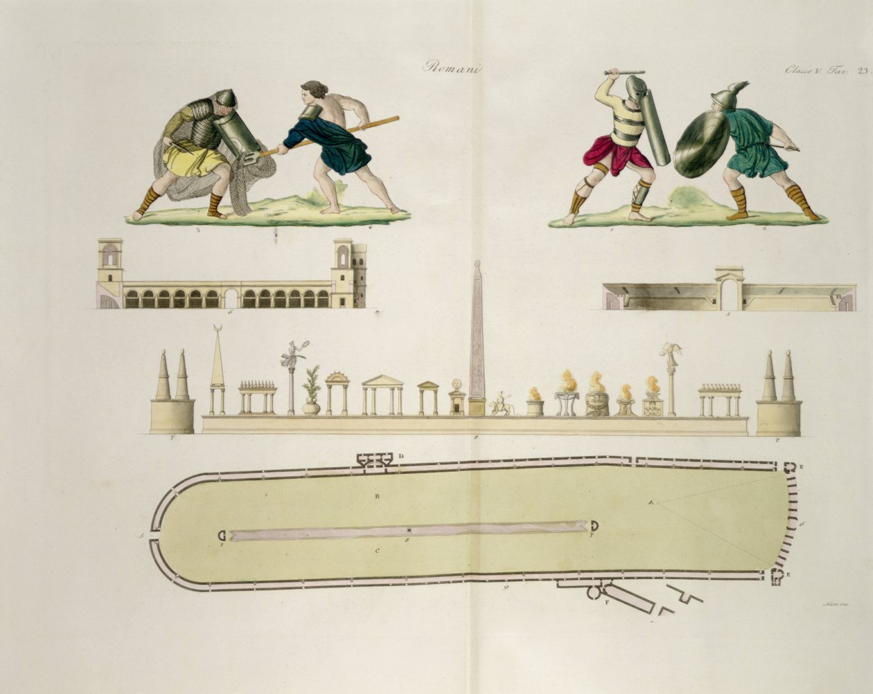 Gladiatori e pianta del circo di Caracalla, tavola 23A, classe 5 da Parte I di La storia delle nazioni, inciso da A. Nani da Italian School