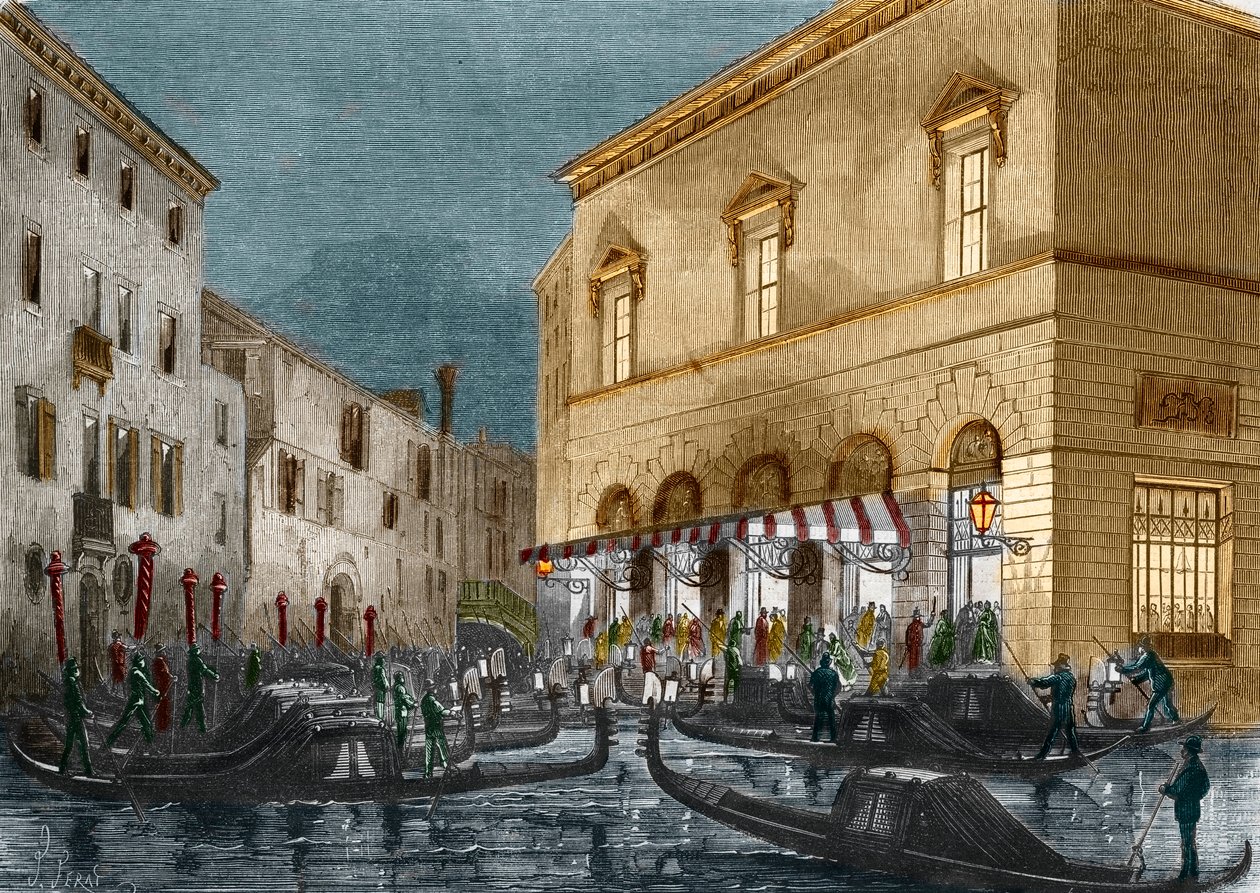 Gondolieri in attesa di spettatori fuori dal Teatro La Fenice, Venezia, Italia, da Le Monde Illustré n.564, 1868 da Italian School