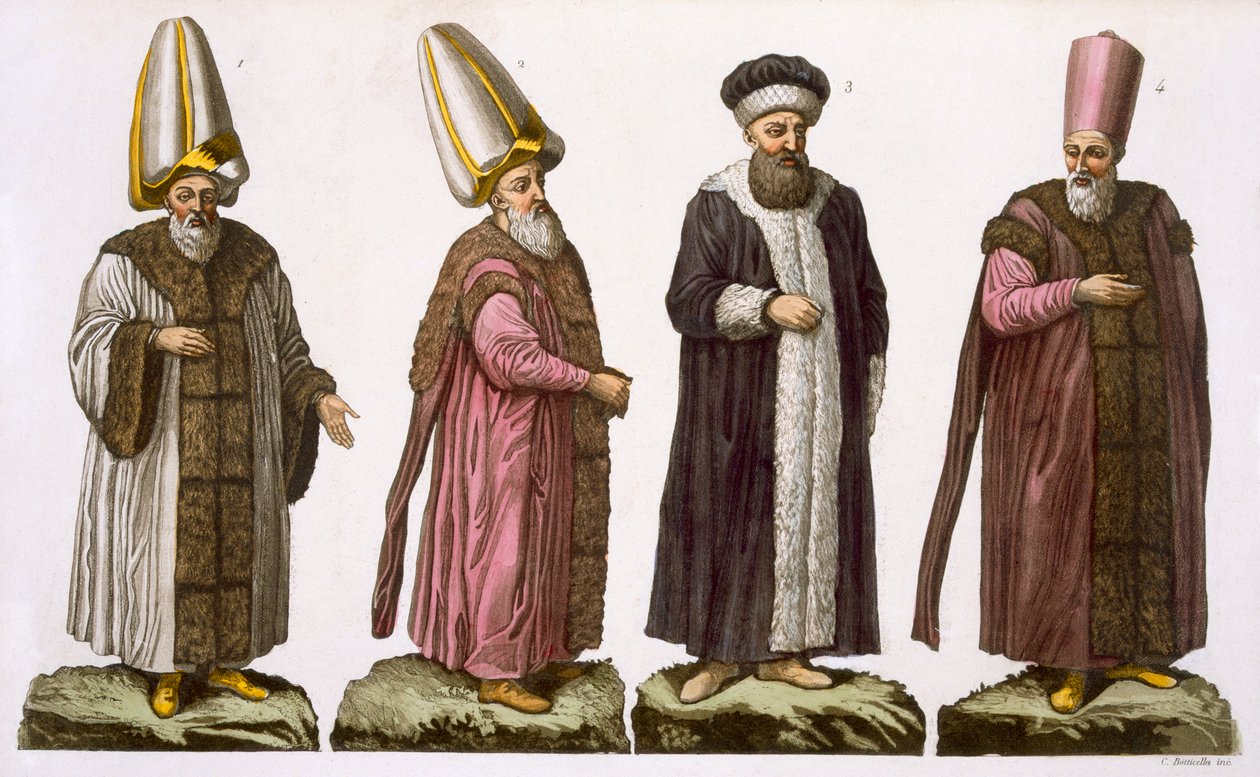 Gran Visir, Caim-Mecam, Reis-Efendi e Khodjakian, tavola 15 da Parte III, Volume I di La Storia delle Nazioni, inciso da C. Botticella da Italian School