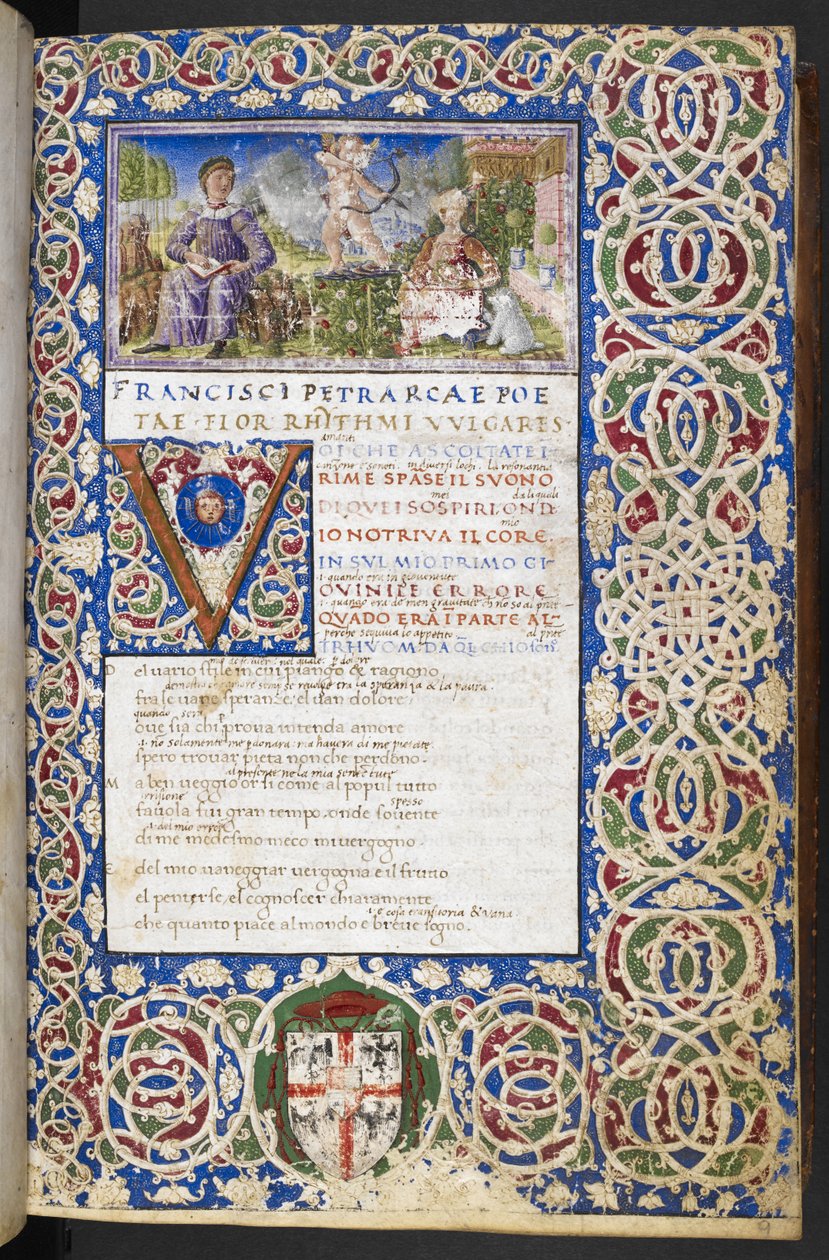 Miniatura di Petrarca e Laura, con Amore che mira la sua freccia a Laura, da 