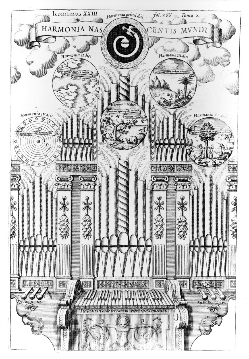 Armonia della nascita del mondo (Harmonia Nascentis Mundi), illustrazione da Musurgia Universalis, Vol.2, fol.366, di Athanasius Kircher, pubblicato a Roma, 1650 da Italian School