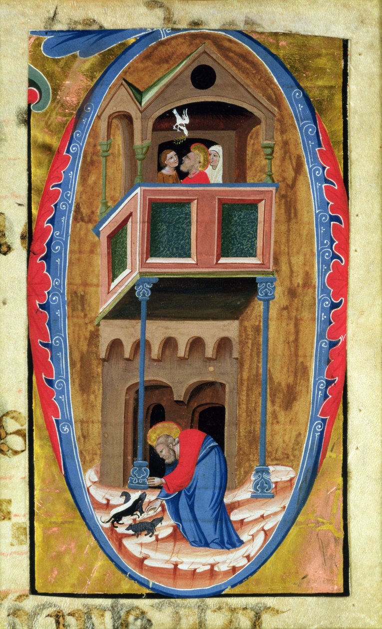 Iniziale istoriata D che raffigura scene dalla Leggenda di un Santo, fine XIV secolo da Italian School