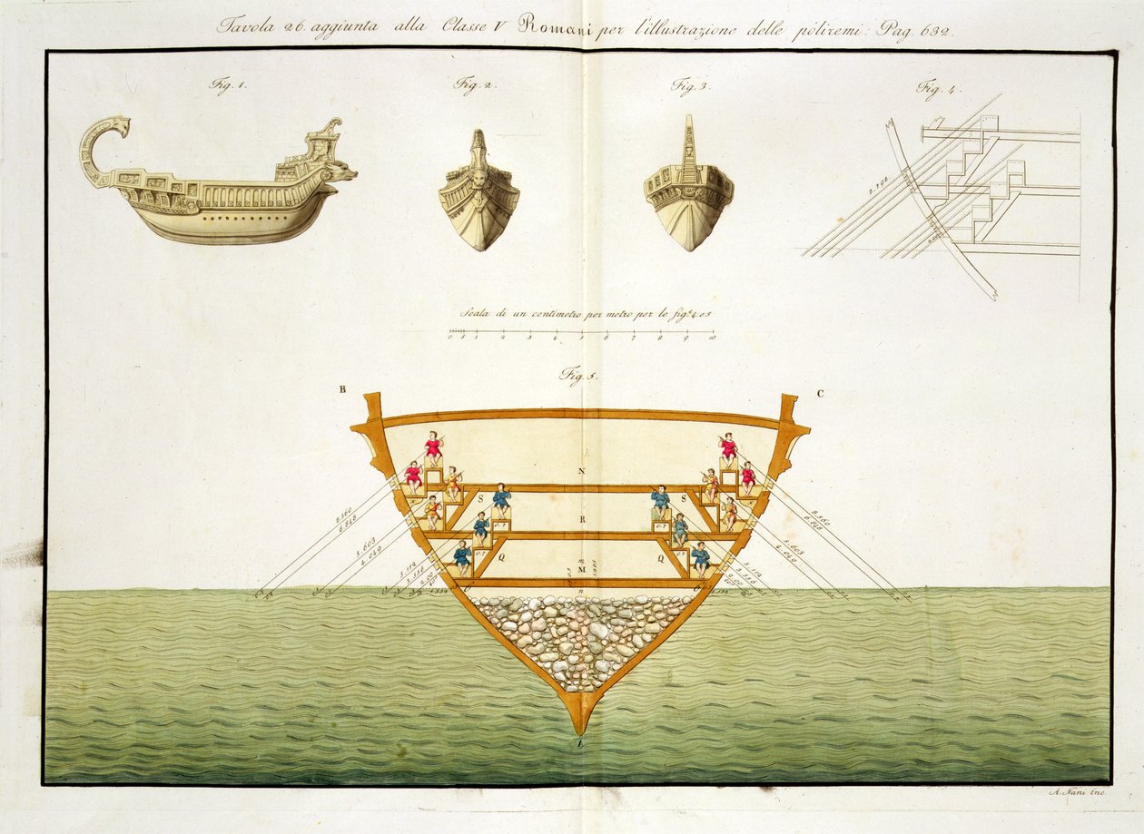 Illustrazione di una polirema romana, tavola 26, classe 5 da Parte I di La storia delle nazioni, inciso da A. Nani da Italian School