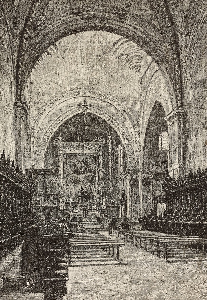 Interno della chiesa di Chiaravalle, Italia, incisione da disegno di Quinto Michetti, da L